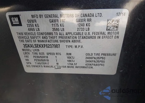 2015 GMC Terrain Slt-1 из США, поврежденный, VIN 2GKALSEKXF6237987